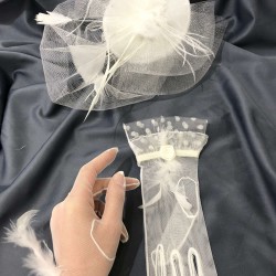 Beyaz Tüylü Gelin Eldiveni Ve Beyaz Düz Tüllü Gelin Kep Takımı-KEPELDIVEN-1063