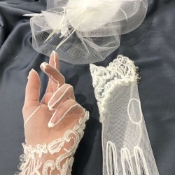 Beyaz Düz Tüllü Gelin Kepi Ve Beyaz Dantel Detaylı Düğmeli Eldiven Takımı-KEPELDIVEN-1064