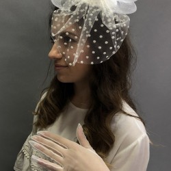 Beyaz Puantiyeli Tüllü Gelin Kepi Ve Beyaz Dantel Detaylı Düğmeli Eldiven Takımı-KEPELDIVEN-1065