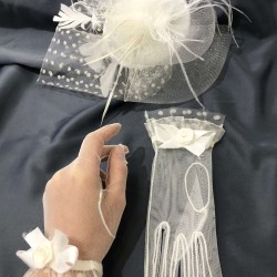 Beyaz Puantiyeli Tüllü Gelin Kepi Ve Beyaz Puantiye Fiyonk Detaylı Eldiven Takımı-KEPELDIVEN-1066