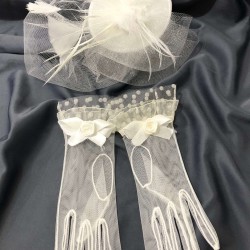 Beyaz Düz Tüllü Gelin Kepi Ve Beyaz Puantiye Fiyonk Detaylı Eldiven Takımı-KEPELDIVEN-1067