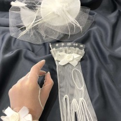 Beyaz Düz Tüllü Gelin Kepi Ve Beyaz Puantiye Fiyonk Detaylı Eldiven Takımı-KEPELDIVEN-1067