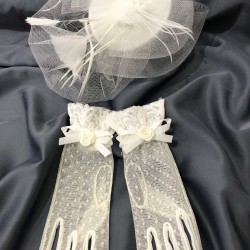 Beyaz Düz Tüllü Gelin Kepi Ve Beyaz Puantiyeli Detaylı Eldiven Takımı-KEPELDIVEN-1068