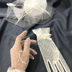 Beyaz Düz Tüllü Gelin Kepi Ve Beyaz Puantiyeli Detaylı Eldiven Takımı-KEPELDIVEN-1068