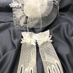 Beyaz Puantiyeli Tüllü Gelin Kepi Ve Beyaz Puantiyeli Detaylı Eldiven Takımı-KEPELDIVEN-1069