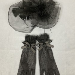 Siyah Düz Tüllü Gelin Kepi Ve Siyah Puantiyeli Detaylı Eldiven Takımı-KEPELDIVEN-1070