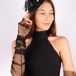 Siyah Vualet Nikah Şapkası Ada Gelin Aksesuarı Ve Tül Eldiven Takımı-KEPELDIVEN-1071