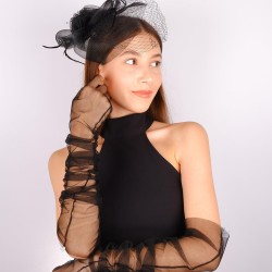 Siyah Vualet Nikah Şapkası Şanel Gelin Aksesuarı Ve Tül Eldiven Takımı-KEPELDIVEN-1073