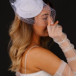 Kırık Beyaz Vualet Nikah Şapkası Celis Gelin Aksesuarı Ve Tül Eldiven Takımı-KEPELDIVEN-1076