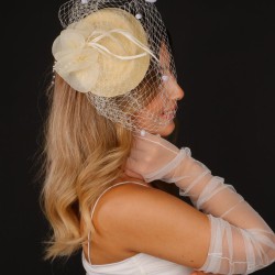 Krem Vualet Nikah Şapkası Mine Tüllü Gelin Aksesuarı Ve Eldiven Takımı-KEPELDIVEN-1079