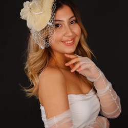 Krem Vualet Nikah Şapkası Mine Tüllü Gelin Aksesuarı Ve Eldiven Takımı-KEPELDIVEN-1079