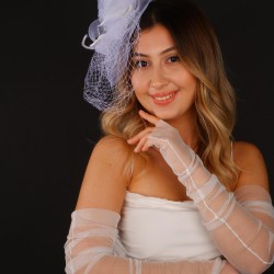 Kırık Beyaz Vualet Nikah Şapkası Niko Gelin Aksesuarı Ve Tül Eldiven Takımı-KEPELDIVEN-1080