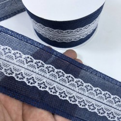 Lacivert Ortası Dantelli Geniş Keten Kurdele-KETK-12 Lacivert Ortası Dantelli Geniş Keten Kurdele-KETK-12