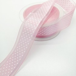 Pembe Yarım Puantiyeli Organze Kurdele 4 cm 1 Metre-KRD-128