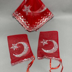 Kırmızı Ay Yıldızlı Pullu Damat Örtüsü Seti-KS-1158