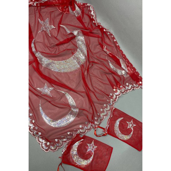 Kırmızı Ay Yıldızlı Pullu Damat Örtüsü Seti-KS-1158