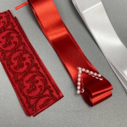 Kırmızı Simli Gelin Duvağı Ve Takı Kurdele Seti-KS-1164