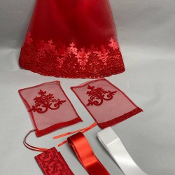 Kırmızı Simli Gelin Duvağı Ve Takı Kurdele Seti-KS-1164