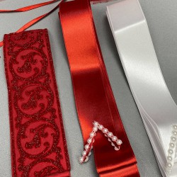 Kırmızı Simli Gelin Duvağı Ve Nakışlı Damat Örtüsü Takı Kurdele Seti-KS-1167