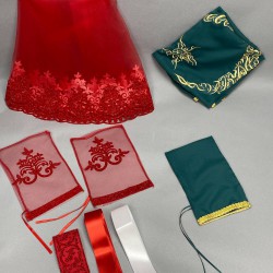 Kırmızı Simli Gelin Duvağı Ve Nakışlı Damat Örtüsü Takı Kurdele Seti-KS-1167