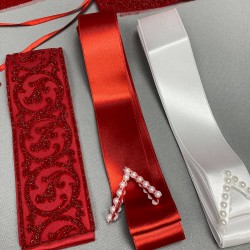 Kırmızı Simli Gelin Duvağı Ve Ay Yıldızlı Damat Örtüsü Takı Kurdele Seti-KS-1168