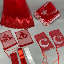 Kırmızı Simli Gelin Duvağı Ve Ay Yıldızlı Damat Örtüsü Takı Kurdele Seti-KS-1168