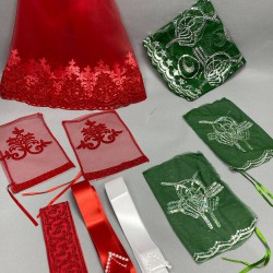 Yeşil Damat Örtüsü Ve Kırmızı Simli Gelin Duvağı Takı Kurdele Seti-KS-1169