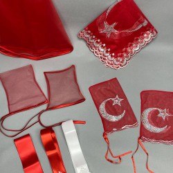 Kırmızı Biyeli Gelin Duvağı Ve Ay Yıldızlı Damat Örtüsü Takı Kurdele Seti-KS-1173