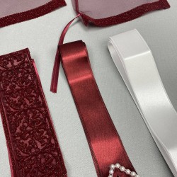 Bordo Simli Şal Desenli Gelin Duvağı Ve Takı Kurdele Seti-KS-1175