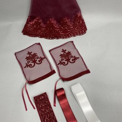 Bordo Simli Şal Desenli Gelin Duvağı Ve Takı Kurdele Seti-KS-1175