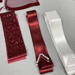 Bordo Simli Yüz Örtüsü Ve Biyeli Damat Örtüsü Takı Kurdele Seti-KS-1176