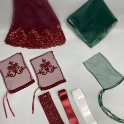 Bordo Simli Yüz Örtüsü Ve Biyeli Damat Örtüsü Takı Kurdele Seti-KS-1176