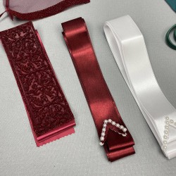 Bordo Simli Gelin Duvağı Ve Damat Örtüsü Takı Kurdele Seti-KS-1177