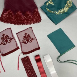 Bordo Simli Gelin Duvağı Ve Damat Örtüsü Takı Kurdele Seti-KS-1177