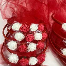 Beyaz Çiçekli Kırmızı Tüllü Nedime Ve Çocuk Tacı-KS-1212
