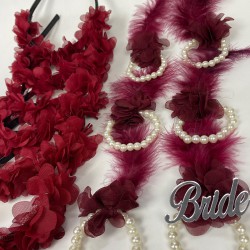 Bordo Lazer Çiçekli Nedime Tacı Ve Nedime Bilekliği Seti 12 Adet-KS-1214