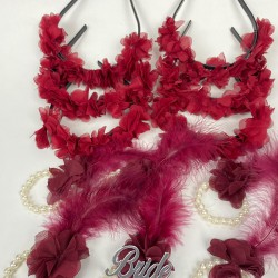 Bordo Lazer Çiçekli Nedime Tacı Ve Nedime Bilekliği Seti 12 Adet-KS-1214