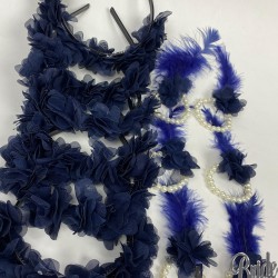 Lacivert Lazer Çiçekli Nedime Tacı Ve Nedime Bilekliği Seti 12 Adet-KS-1215