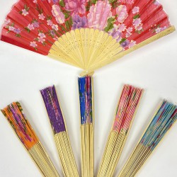 Rengarenk Kumaş Çiçek Desenli Ahşap Yelpaze 5 Adet-KS-1228