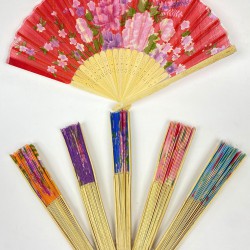 Rengarenk Kumaş Çiçek Desenli Ahşap Yelpaze 10 Adet-KS-1229