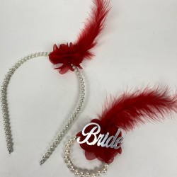 Kırmızı İncili 10 Adet Gelin Tacı Bride Tüylü Bileklik 1 Adet-KS-1232