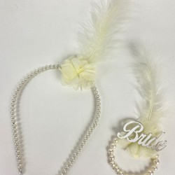 Krem İncili 10 Adet Gelin Tacı Bride Tüylü Bileklik 1 Adet-KS-1233