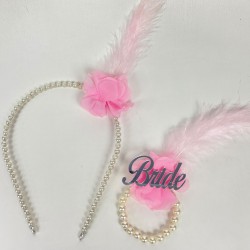 Pembe İncili 10 Adet Gelin Tacı Bride Tüylü Bileklik 1 Adet-KS-1234