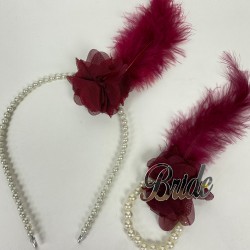Bordo İncili 10 Adet Gelin Tacı Bride Tüylü Bileklik 1 Adet-KS-1235