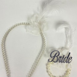 Beyaz İncili 10 Adet Gelin Tacı Bride Tüylü Bileklik 1 Adet-KS-1236