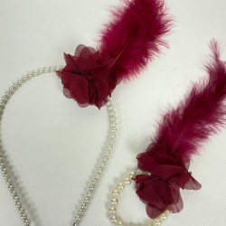 Bordo İncili 10 Adet Gelin Tacı Bride Tüylü Bileklik 10 Adet-KS-1237