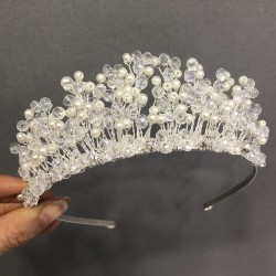 Krem İncili Şeffaf Kristalli Gelin Tacı-KTT-13