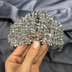 Açık Gümüş Kristal Boncuklu Gelin Ve Kına Tacı-KTT-7