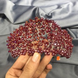 Koyu Kırmızı Kristal Boncuklu Gelin Ve Kına Tacı-KTT-8