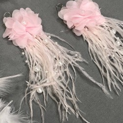 Pembe İncili Çiçekli Tüylü Küpe-KUP-1033 Pembe İncili Çiçekli Tüylü Küpe-KUP-1033